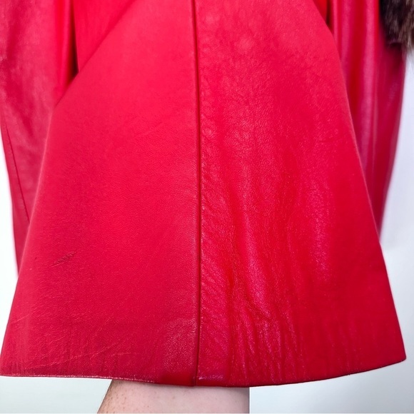 Vintage Red Leather Fur Trimmed Belted Penny Lane Winter Coat 70s Retro Eclectic - Picture 7 of 9